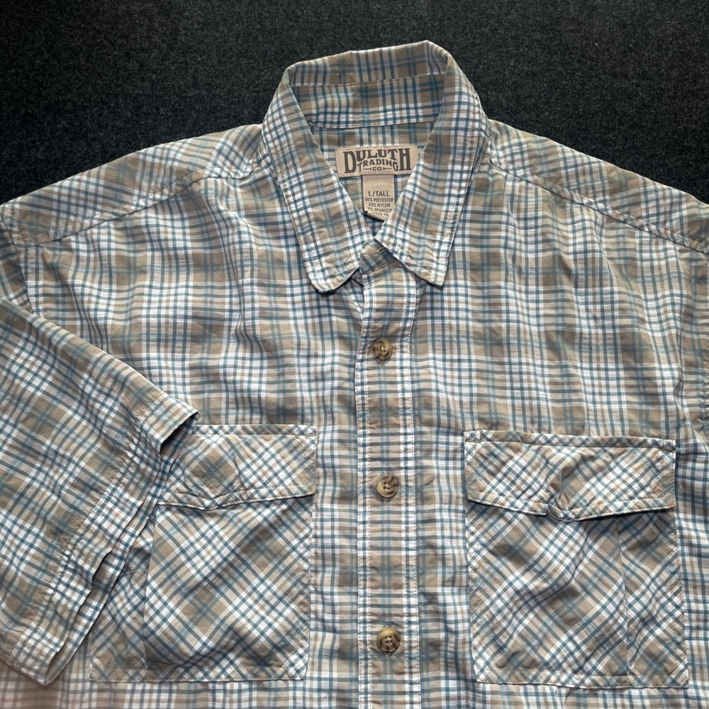 Duluth Trading Co Button Down Mens L Tall Tan Blue‎ Plaid Excellent Short Sleeve